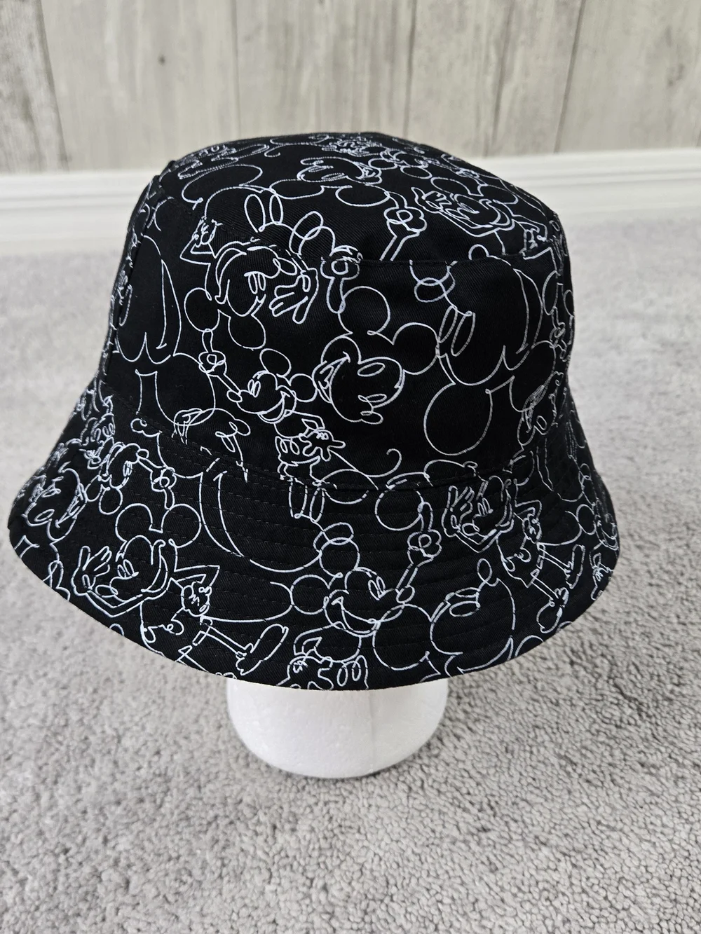 Disney Parks Reversible Bucket Hat Peace Sign Mickey Mouse Black All Over Print